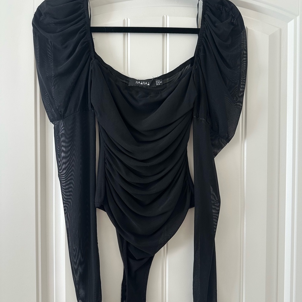 NaNa Black Draped Ruched Long-Sleeve Bodysuit with Puff Shoulders